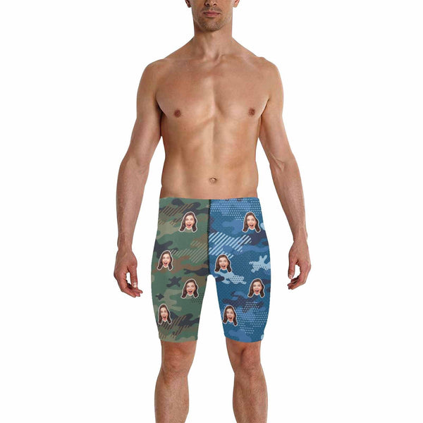 Custom Face Blue Green Camouflage Men's Skinny Stretch Knee Length Swim Trunks