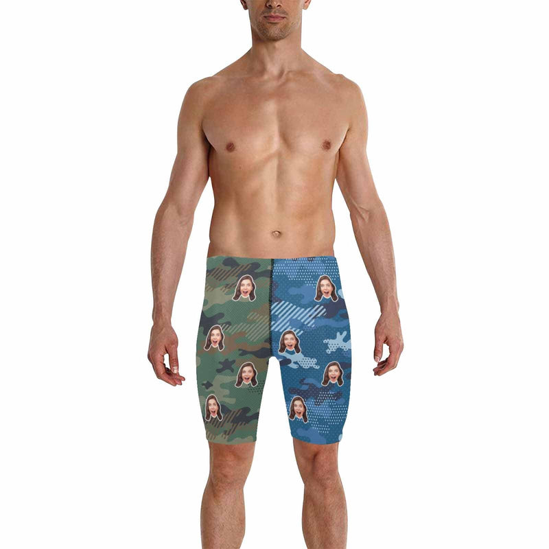 Custom Face Blue Green Camouflage Men's Skinny Stretch Knee Length Swim Trunks