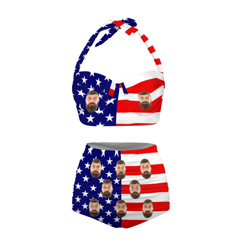 Custom Face Stars and Stripes Strap Two-piece Bikini Swimsuit