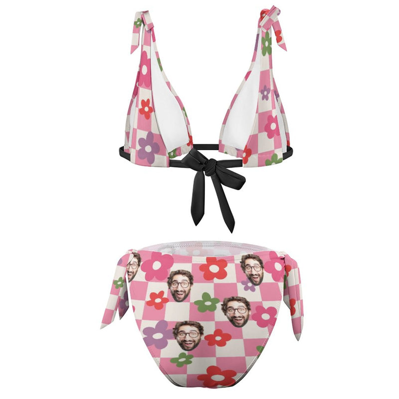 Custom Face Pink Women's Back Strap Bikini Personalized Flowers Face Swimsuit