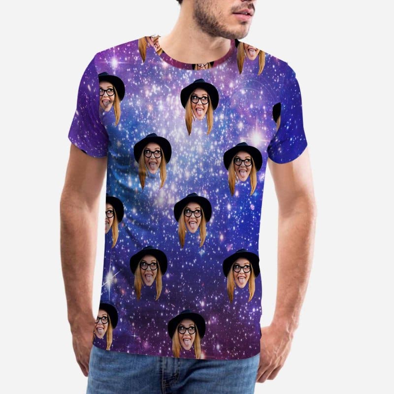 Custom Girlfriend Face Galaxy Starry Night Men's T-shirt Add Your Own Custom Image Design Unique Gift