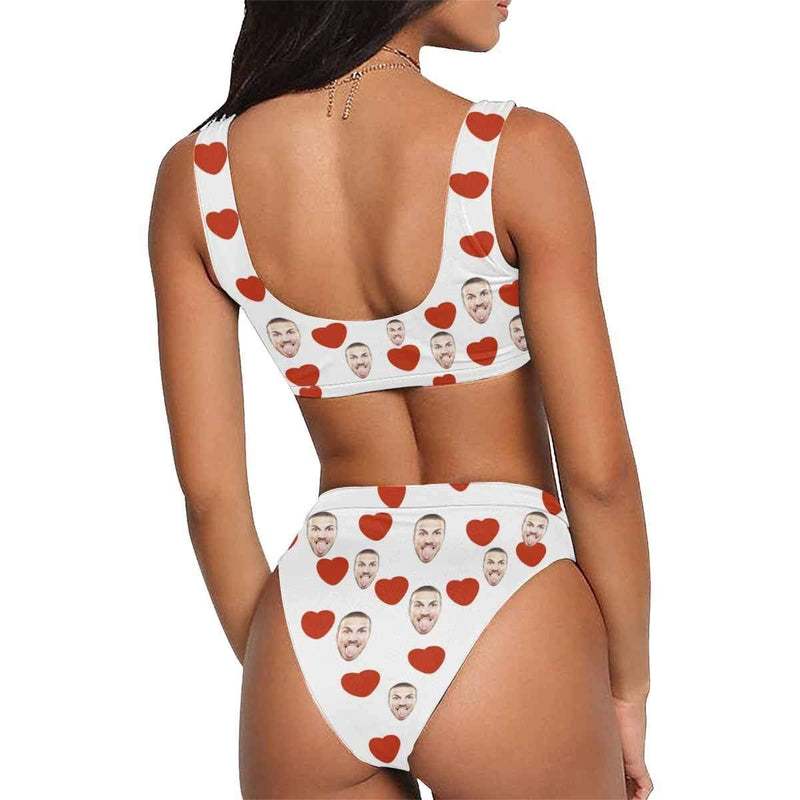 Custom Face Cartoon Heart Personalized Sport Top&High-Waisted Bikini Swimsuit Honeymoons For Her