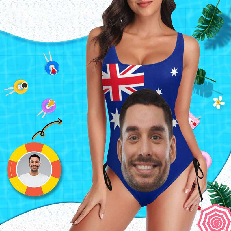 Custom Face Australia Flag Swimsuit Personalized Women's New Drawstring Side One Piece Bathing Suit Celebrate Holiday Party
