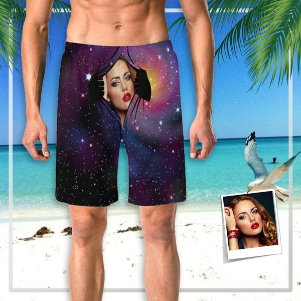 Custom Face Space Galaxy Personalized Photo Men's Elastic Beach Short