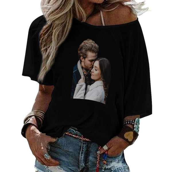 Custom Couple Photo Women's T-shirt Personalized Loose Mid-sleeve Off-neck T-shirt