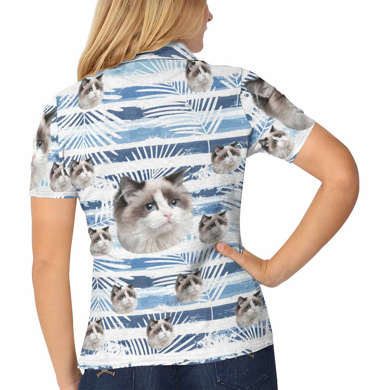 Custom Face Blue&White Horizontal Stripe Polo Shirt For Women, Personalized Photo Shirt, Customized Women's All Over Print Polo Shirt