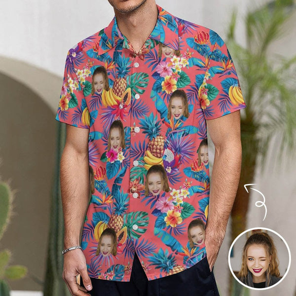 Custom Face Tropical Fruits Shirt Men Front Pocket Shortsleeve Beach Pocket Hawaiian Shirt Honeymoons Boyfriend Gift