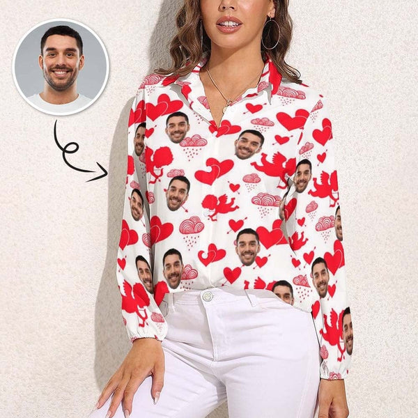 Custom Face Love Heart Vntage Casual Long Sleeve Hawaiian Shirts