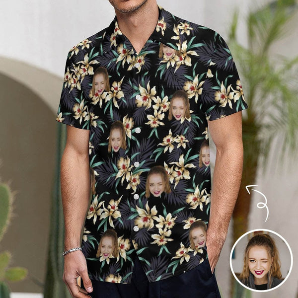 Custom Face Lily Flowers Casual Shirt Men Front Pocket Shortsleeve Beach Pocket Hawaiian Shirt Boyfriend Gift