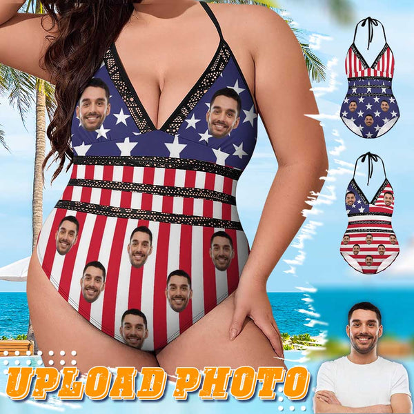 #Plus Size Swimsuit-Custom Face American Flag Swimsuits Personalized Women's New Strap One Piece Bathing Suit Celebrate Holiday