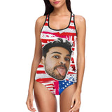 #Independence Day#July 4-Custom Boyfriend Face Swimsuit Personalized USA Flag Women's One Piece Bathing Suit Celebrate Holiday Funny Party