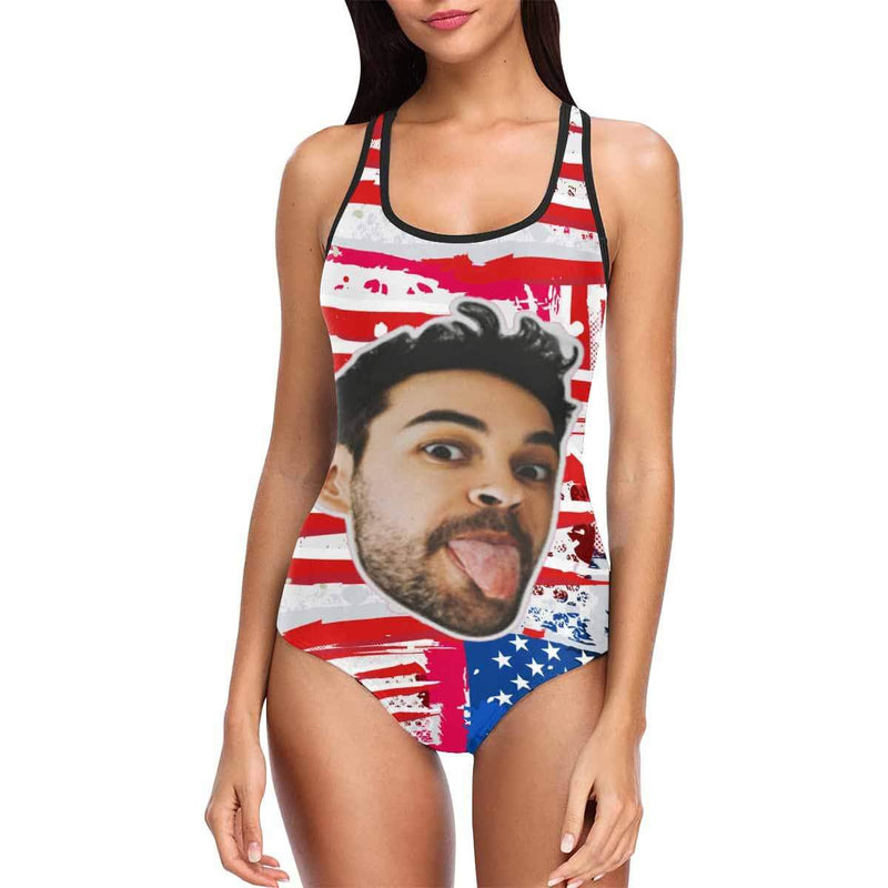 #Independence Day#July 4-Custom Boyfriend Face Swimsuit Personalized USA Flag Women's One Piece Bathing Suit Celebrate Holiday Funny Party