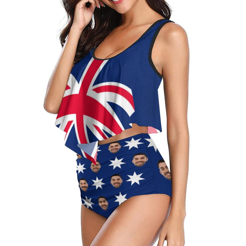 Custom Tankinis Face Australian Flag Bikini Personalized Women's High Waisted Swimsuit Ruffled Top Bathing Suits