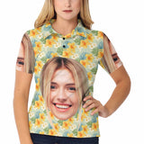 Custom Face Small Yellow Flowers Polo Shirt For Women, Personalized Photo Shirt, Customized Women's All Over Print Polo Shirt