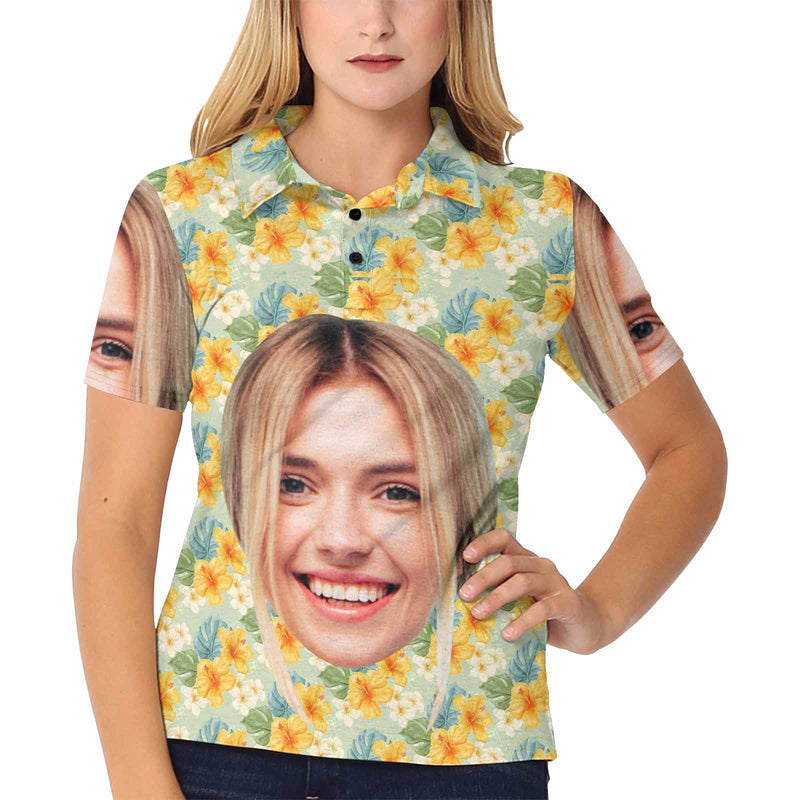 Custom Face Small Yellow Flowers Polo Shirt For Women, Personalized Photo Shirt, Customized Women's All Over Print Polo Shirt