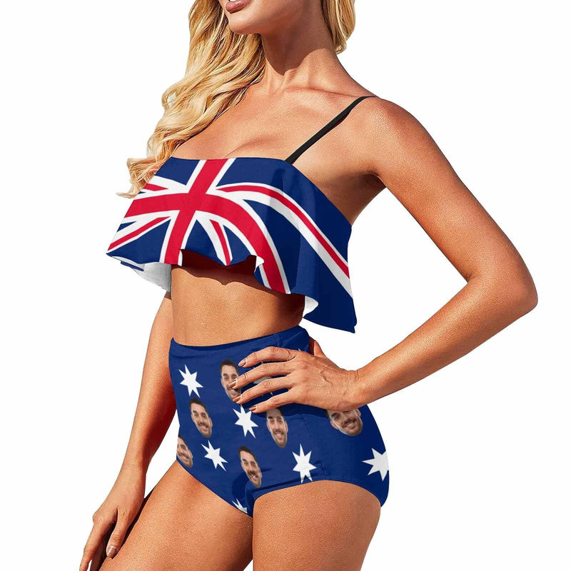 Custom Face Australian Flag Swimsuit Personalized Women's High Waisted Flounce Bikini Set Celebrate Holiday Party