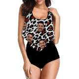 Custom Tankinis Face Sexy Leopard Black Personalized Women's High Waisted Swimsuit Ruffled Top Bathing Suits