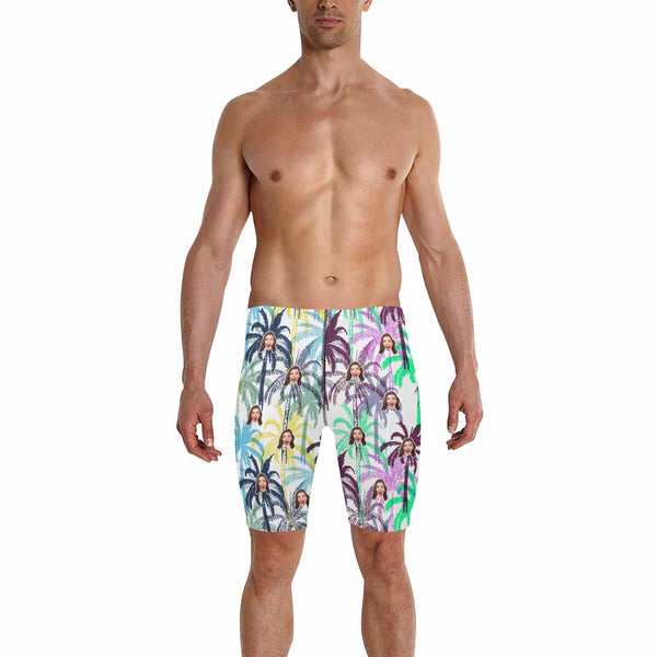 Custom Face Coconut Palms Men's Skinny Stretch Knee Length Swim Trunks