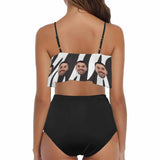 Custom Face Black&White Bikini Personalized Swimsuit Stripes Ruffle Bathing Suits