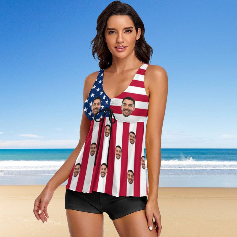 #Plus Size Custom Face American Flag Swimsuit Personalized Tankini Bathing Suit For Women 2 Piece Swimsuit