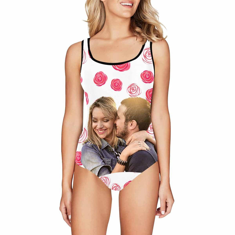 Custom Photo Pink Roses Women's Tank Top Bathing Swimsuit