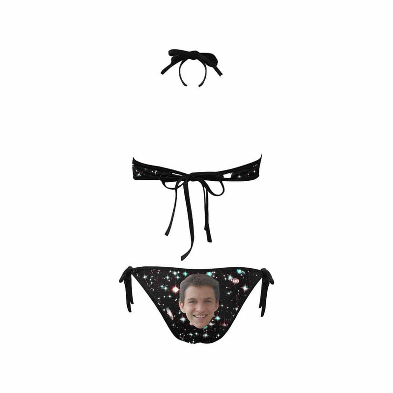 Custom Face Bikini Black Starry Sky Personalized Women's Strappy Halter Swimsuits