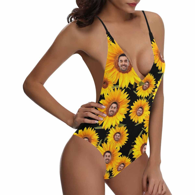 Custom Boyfriend/Husband Face Swimsuit Personalized Sunflower Women's One-Piece Bathing Suit Girlfriend Gift