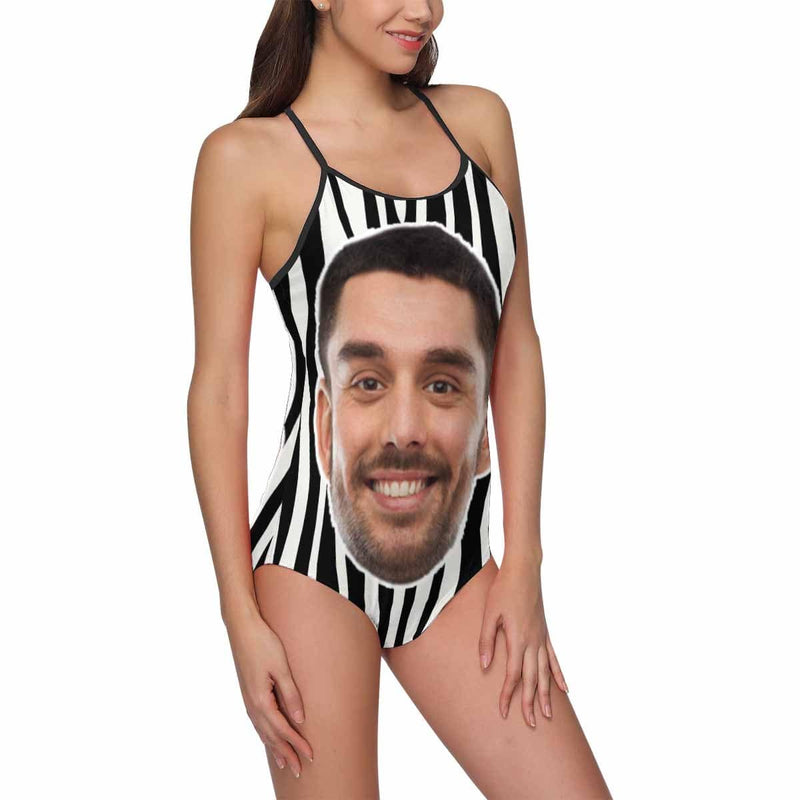 Custom Face Vertical Stripes Swimsuit Personalized Women's Slip One Piece Bathing Suit Honeymoons Party For Her