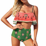 Custom Face Bikini Personalized Watermelon Green Stripes Swimsuit Ruffle Bathing Suits