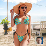 Custom Face Bikini Green Pineapple Flowers Swimsuit Personalized Women's Triangle Bathing Suit