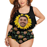 Ruffle Tankini-Custom Face Sunflowers Plus Size Swimsuit Ruffle High Waisted Bikini Personalized Tankini Women's Two Piece Summer Swimsuit Cover Your Tummy