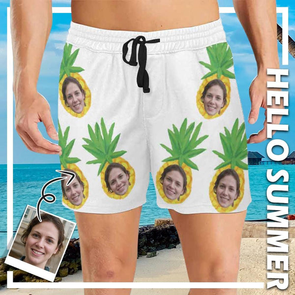 Custom Face In Ananas Men's Quick Dry Swim Shorts, Personalized Funny Swim Trunks