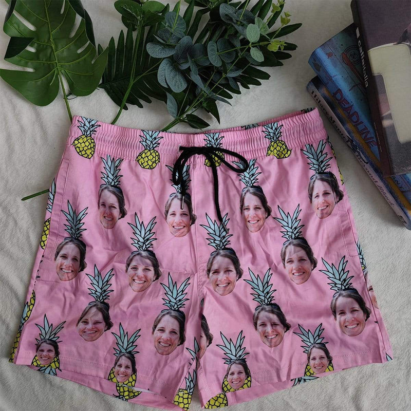 Custom Face Pink Pineapple Men's Quick Dry Swim Shorts, Personalized Funny Swim Trunks