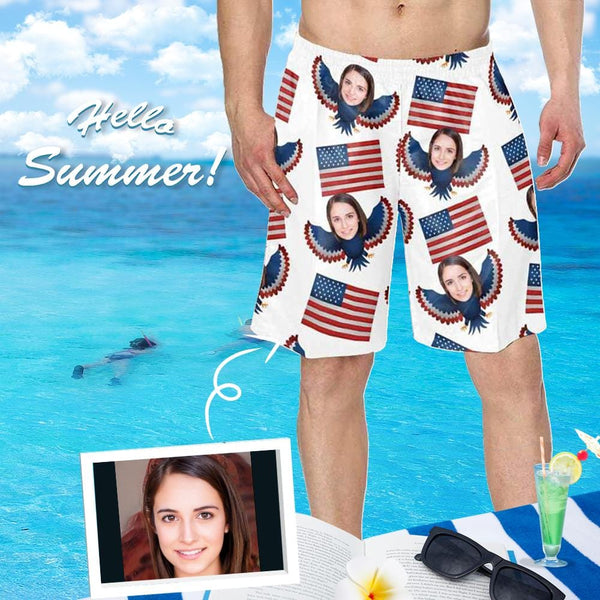 Custom Face Eagle Flag Personalized Photo Men's Elastic Beach Short