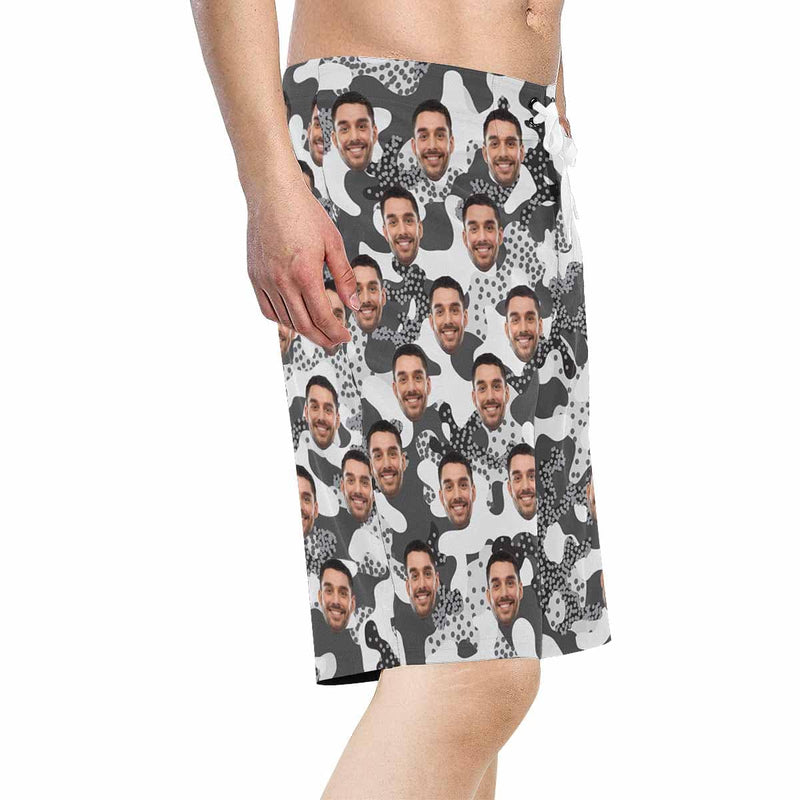 Custom Father Face Black and White Camo Men's Beach Shorts