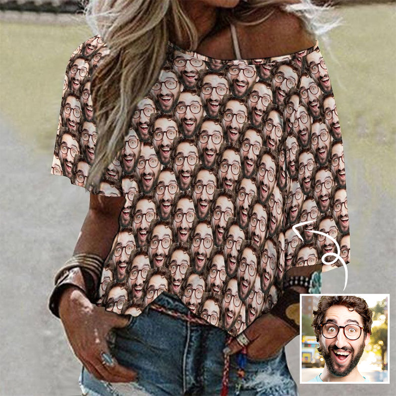 Custom Face Photo Women's T-shirt Personalized Loose Mid-sleeve Off-neck T-shirt