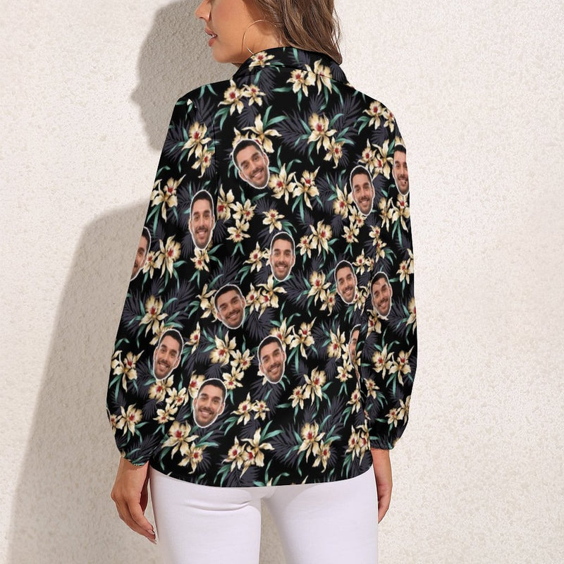 Custom Face Yellow Flower Vntage Casual Long Sleeve Hawaiian Shirts