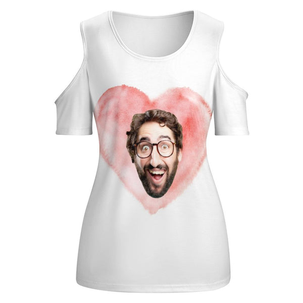 Custom Face Pink Heart Women's T-Shirt Personalized Off-Shoulder U-Neck Short-Sleeved Top