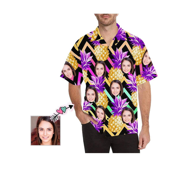 Hawaiian Shirts with Faces on Them Golden Pineapple for Boyfriend/Husband Personalized Photo Tropical Aloha Shirt