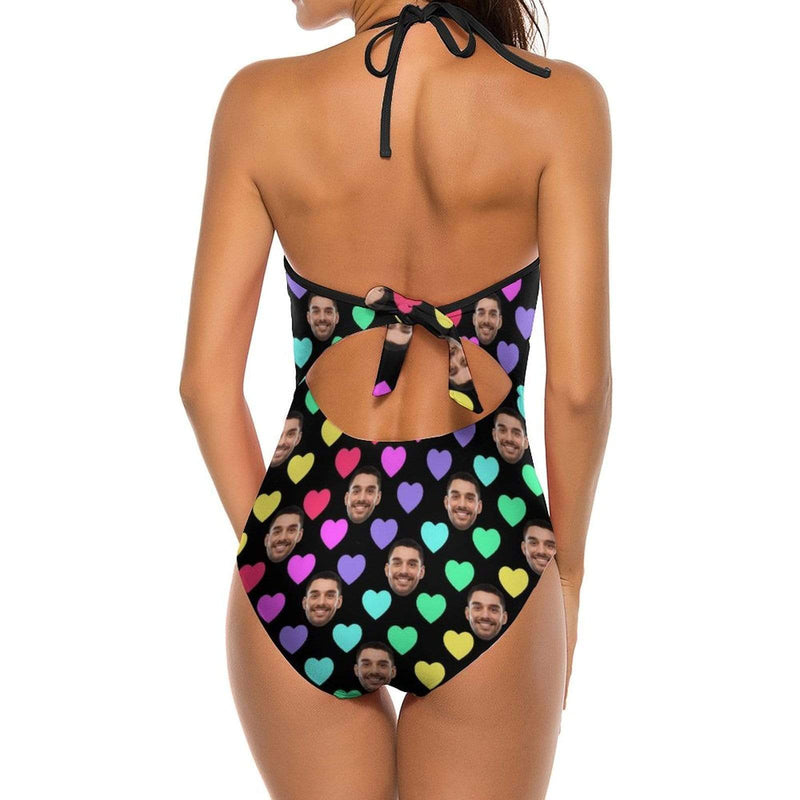 Custom Face Colorful Heart Swimsuit Personalized Women's New Strap One Piece Bathing Suit Birthday Party Gift