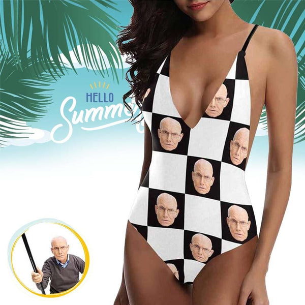 Custom Face Black White Lattice Women's One-Piece Swimsuit