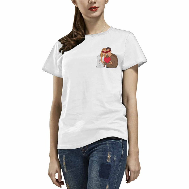 Custom Portrait Outline Shirt, Line Art Photo Shirt For Female, Custom Women's All Over Print T-shirt, Photo Outline Outfit For Couple White