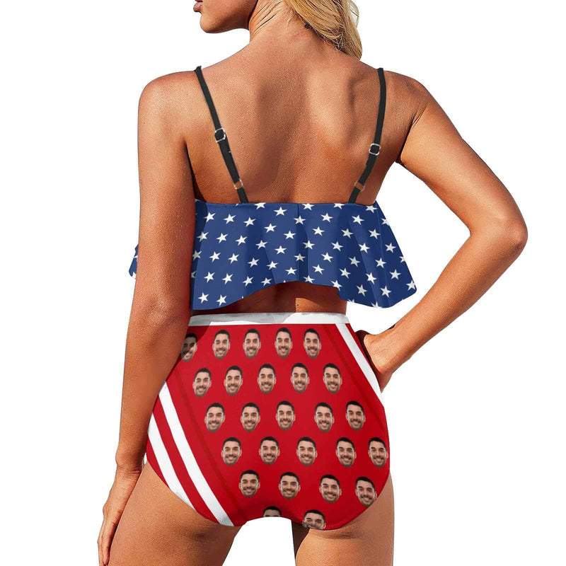 [Top Selling] Custom Face American Flag Personalized Bikini Swimsuit Ruffle Bathing Suits Celebrate Holiday Party