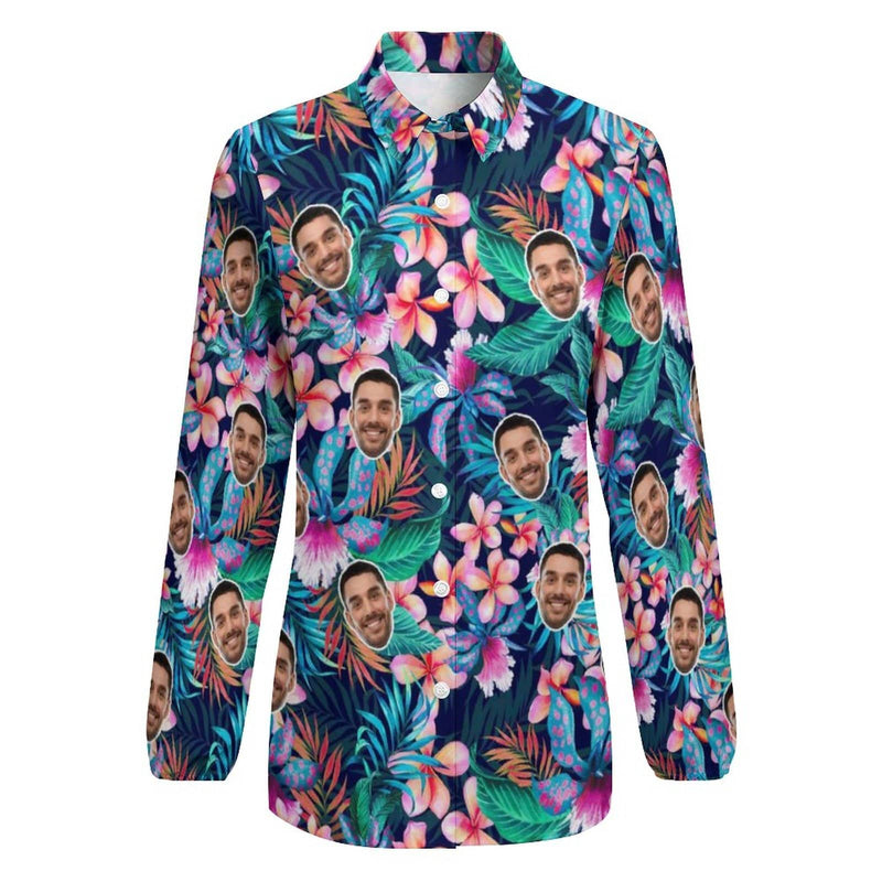 Custom Face Flower Vntage Casual Long Sleeve Hawaiian Shirts