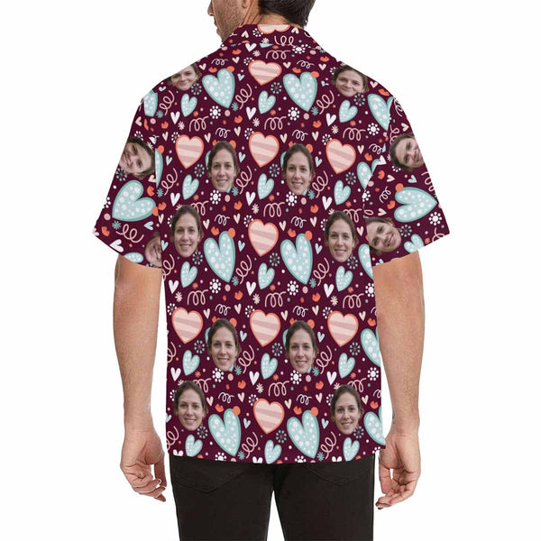 Custom Face Blue&Pink Hearts Men's All Over Print Hawaiian Shirt