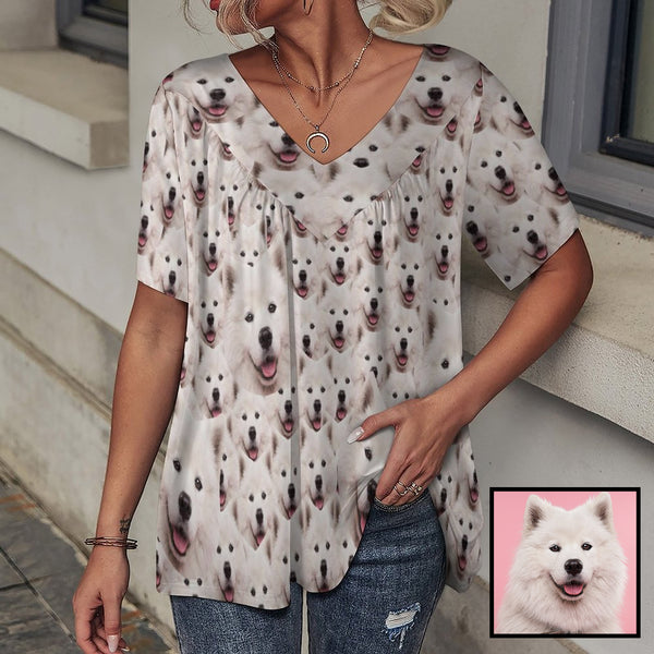 Custom Pet Face Women's T-Shirt Personalized V-Neck Loose Short-Sleeved T-shirt