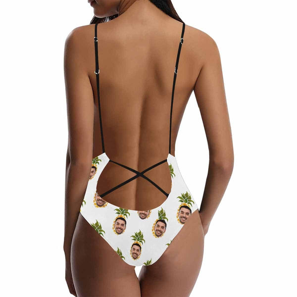 Custom Face White Pineaple Women's Lacing Backless One-Piece Swimsuit