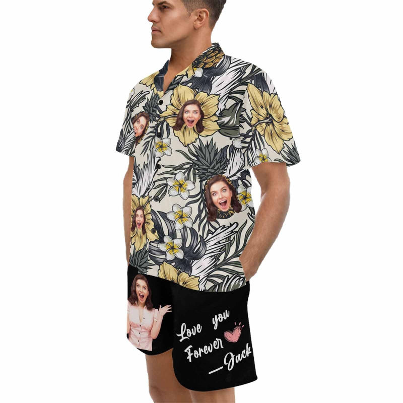 Custom Photo&Name Flowering Hawaiian Set Summer Holiday Hawaiian Shirt & Shorts Set Put Your Face Name on Set