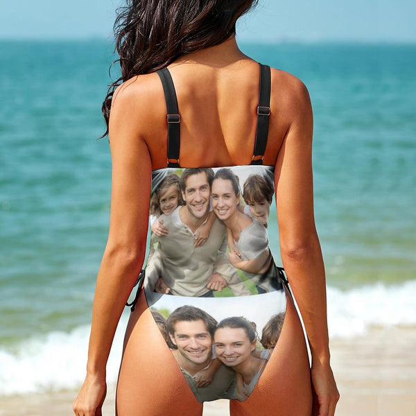 Custom Family Photo Swimsuit Personalized Women's New Drawstring Side One Piece Bathing Suit Birthday Gift For Her