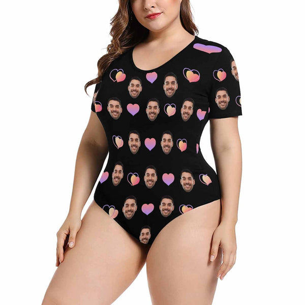 Custom Face Lover Heart Black Women's Short Sleeve Bodysuit-Swimsuit-Bathing Suit